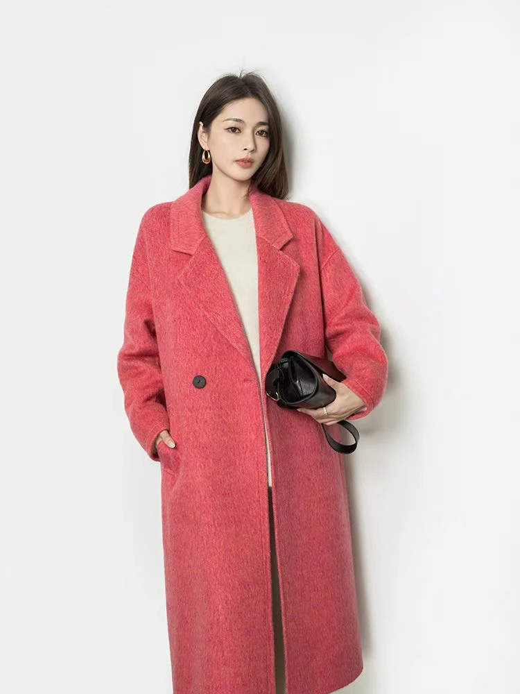 高端时尚绵羊毛耗牛绒桑蚕丝大衣女秋冬新款气质中长款毛料外套