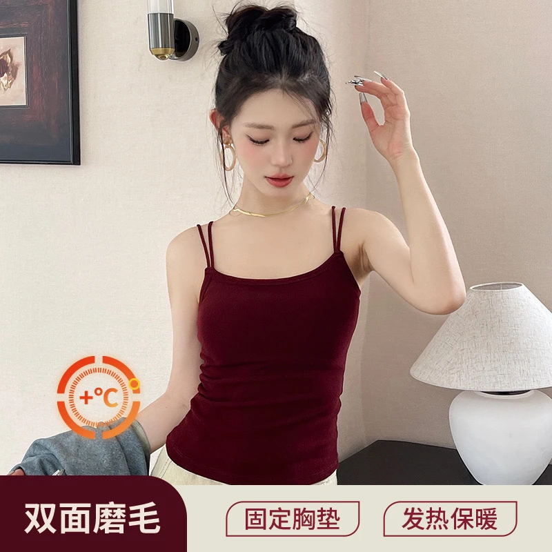 秋冬新款一体式磨毛保暖吊带背心发热磨毛内搭外穿显瘦保暖上衣