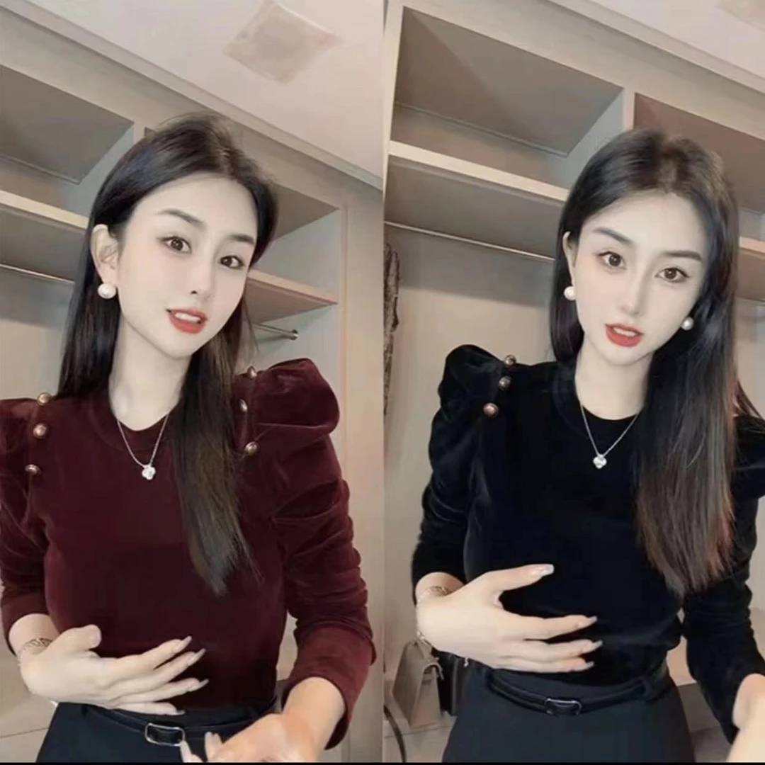 秋冬季新款泡泡袖长袖T恤女装时尚百搭洋气打底衫丝绒上衣2858#