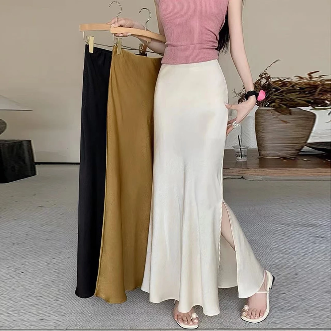 高级感缎面鱼尾半身裙女夏丝滑高腰遮跨显瘦a字裙气质包臀裙6618#