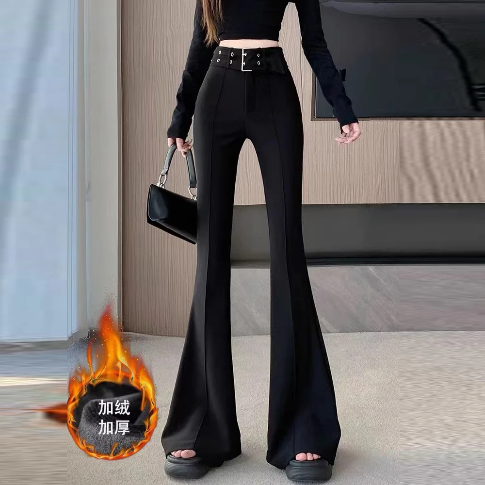 加绒加厚黑色喇叭裤女秋冬新款高腰修身弹力喇叭裤显瘦拖地裤A06#