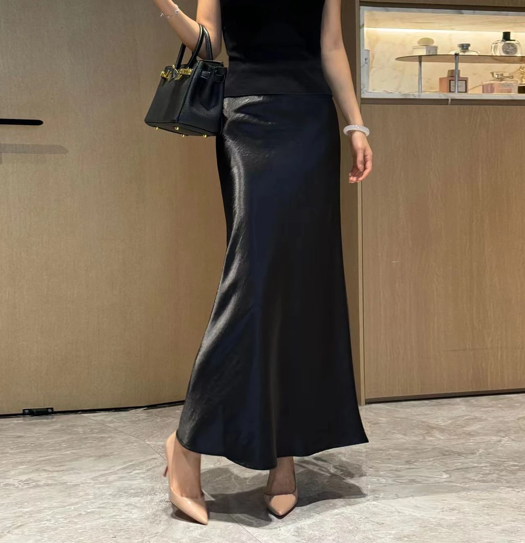 丝滑珠光缎面气质半身裙女高腰秋冬复合松紧腰百搭鱼尾长裙子669#