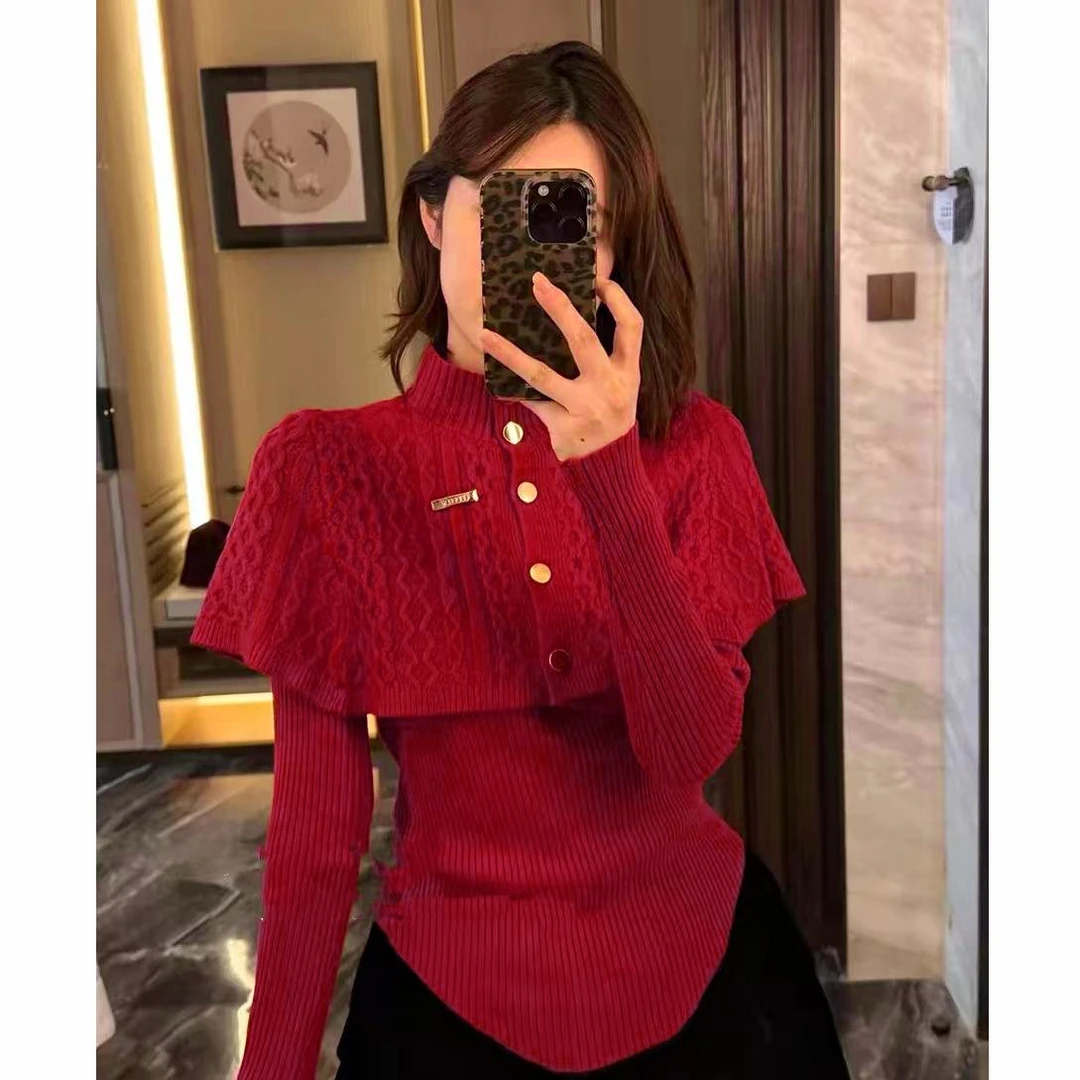 8918# 单排扣斗篷女秋冬法式设计感小众立领披肩针织打底衫两件套