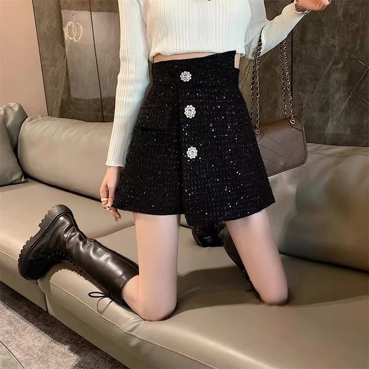 秋冬新款粗花呢短裙裤秋冬气质小香风高腰显瘦A字半身裙裤8638#