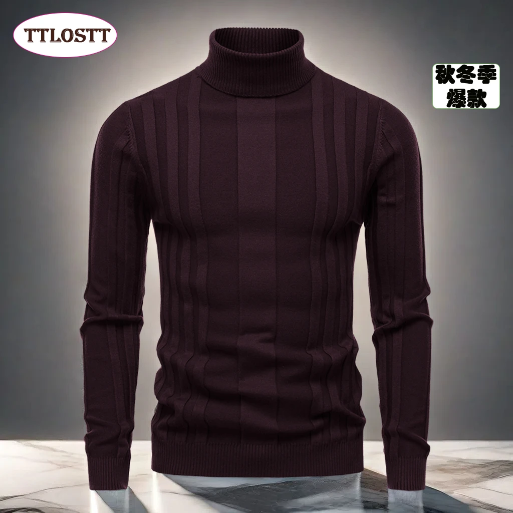 欧美简约舒适亲肤修身男款针织衫秋冬季高端柔和保暖可翻高领毛衣