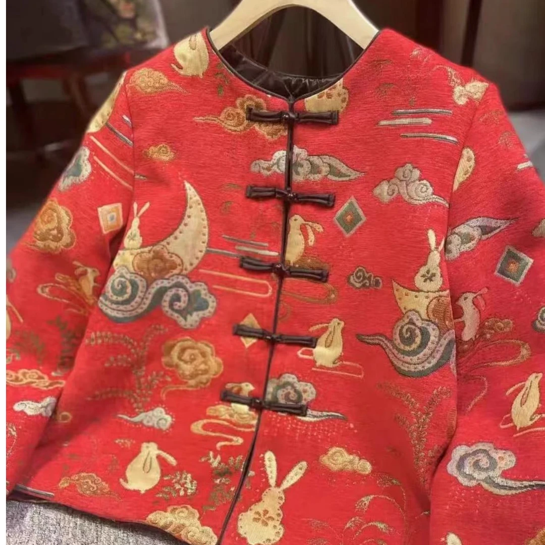 【玉兔】新中式大红加棉外套国风薄棉衣百年服定制面料秋冬新款8688