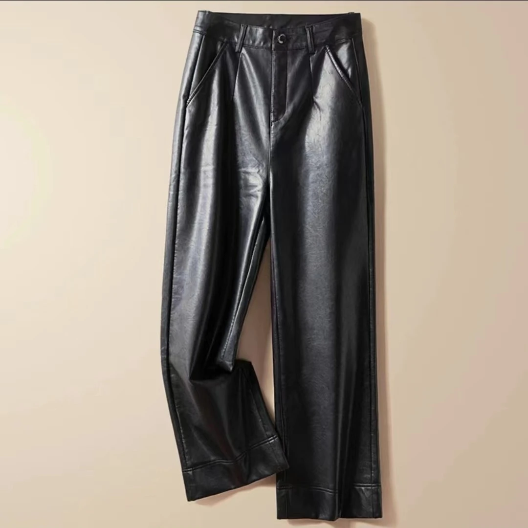 秋冬款绵羊皮阔腿裤高腰垂感休闲长裤加绒加厚宽松黑色直筒裤2310