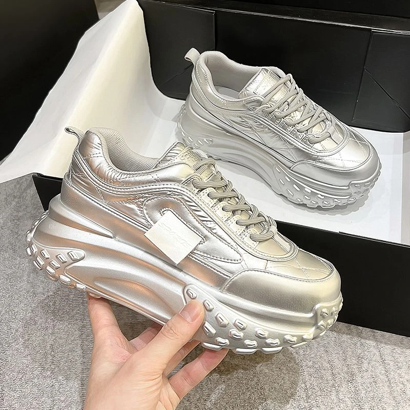 荧光绿老爹鞋女春季新款33码银色运动休闲鞋网红真皮内增高女鞋子