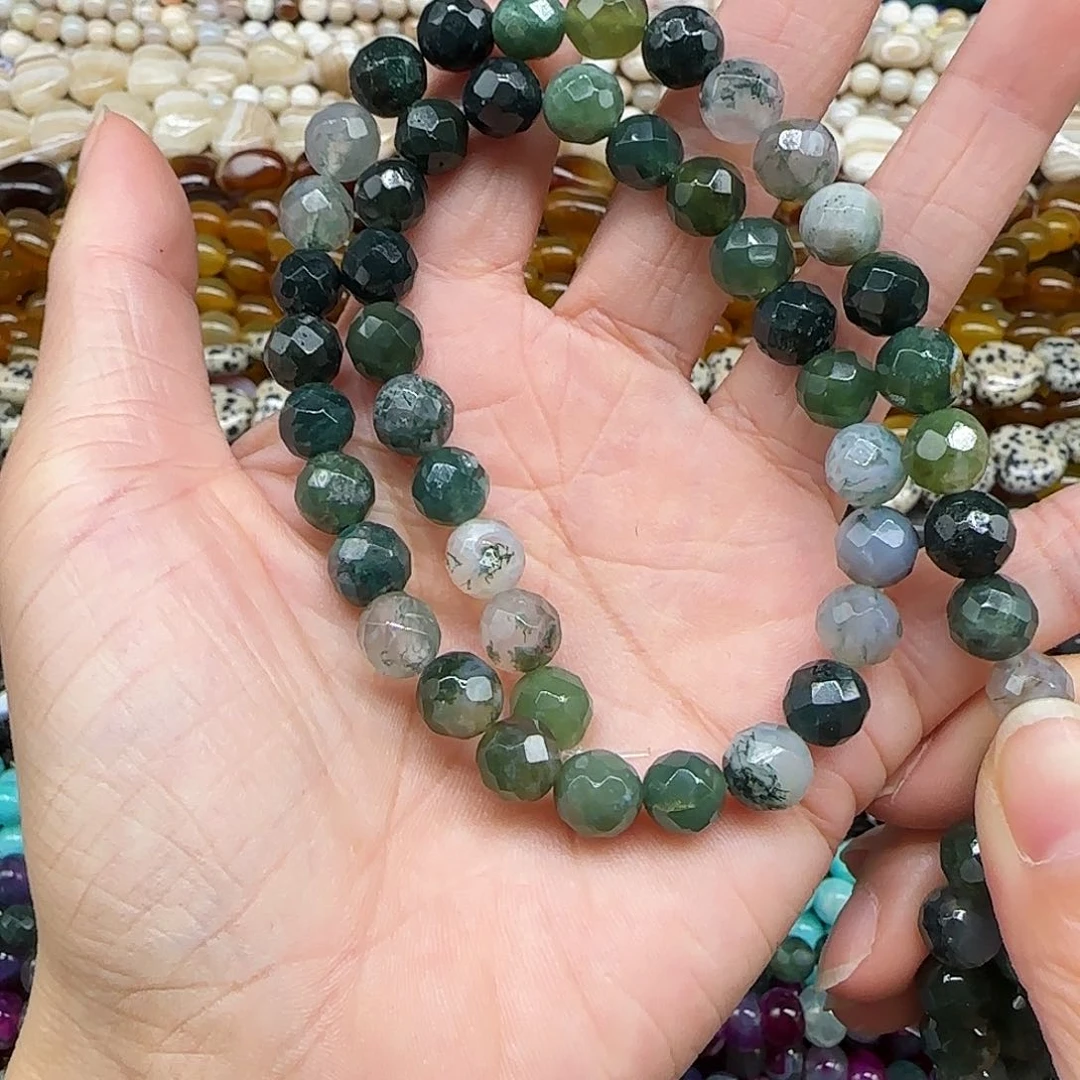 玛瑙/玉髓珠宝半成品合金水草玛瑙8mm一条切面