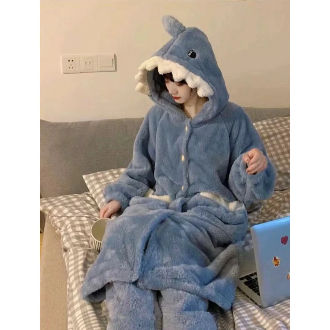 【鲨鱼】珊瑚绒情侣款冬季加厚加绒长款绒睡衣家居服秋冬天睡袍