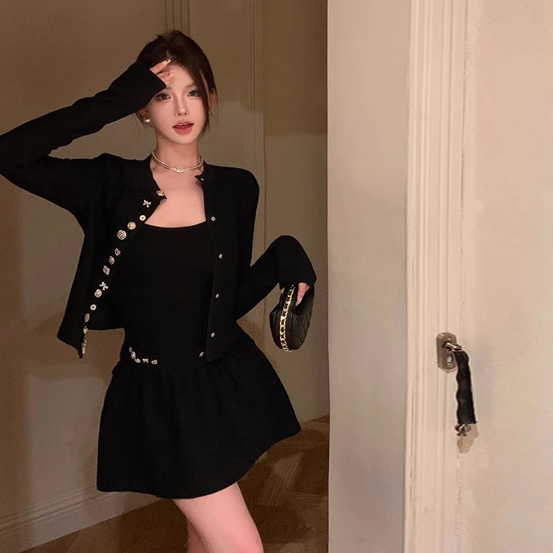 高级感小香风法式气质名媛吊带连衣裙黑色针织开衫两件套装秋冬季