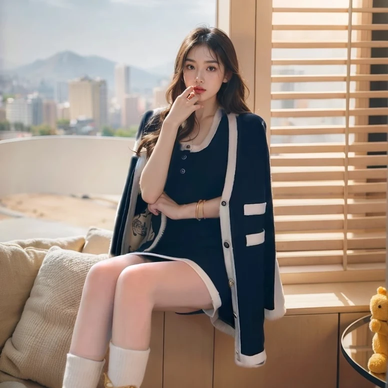 斐妮菱小香风针织裙套装U领气质修身显瘦背心包臀裙开衫外套套装