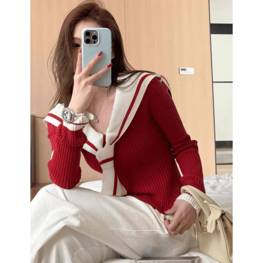 斐妮菱小香风连帽针织上衣春秋季新款海军系带显瘦短款撞色毛衣