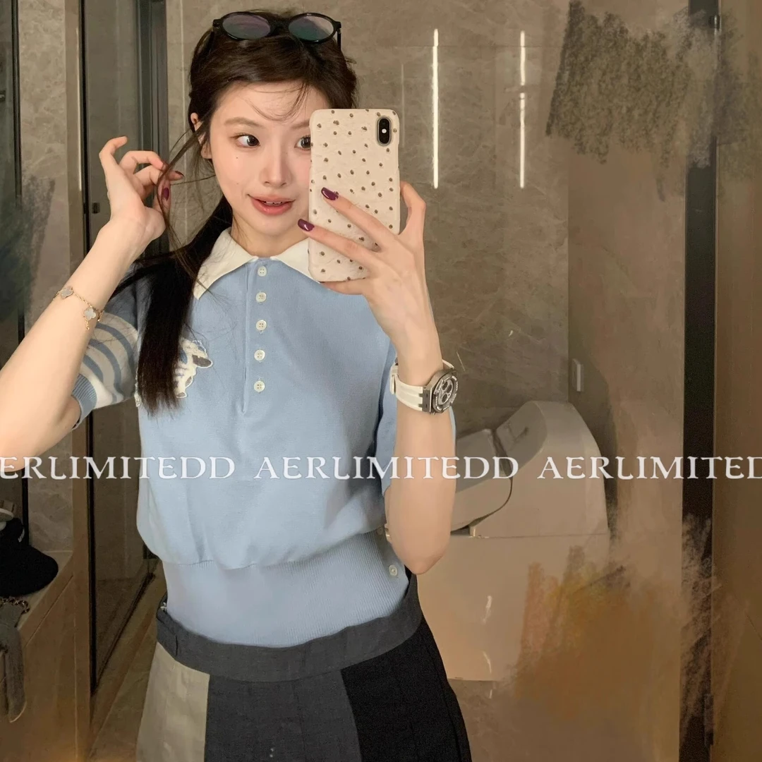 斐妮菱新款夏季小狗刺绣baby蓝翻领学院风针织衫短袖t恤女时尚