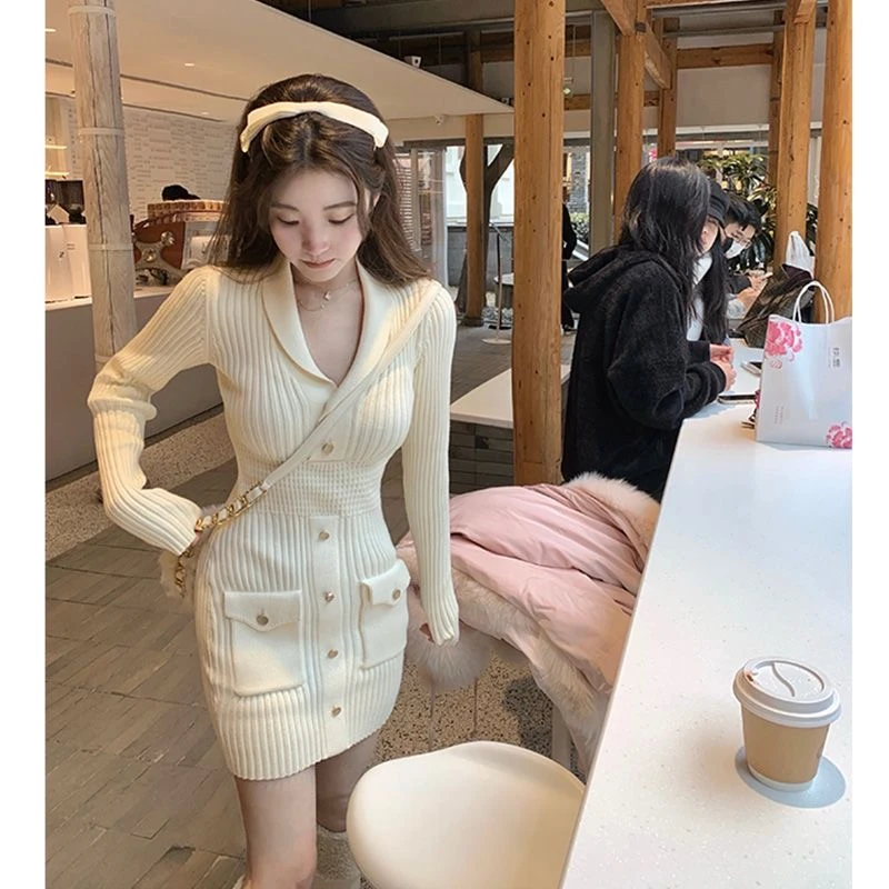 秋冬款针织长袖连衣裙女小香风气质名媛修身包臀显瘦冬打底裙法式