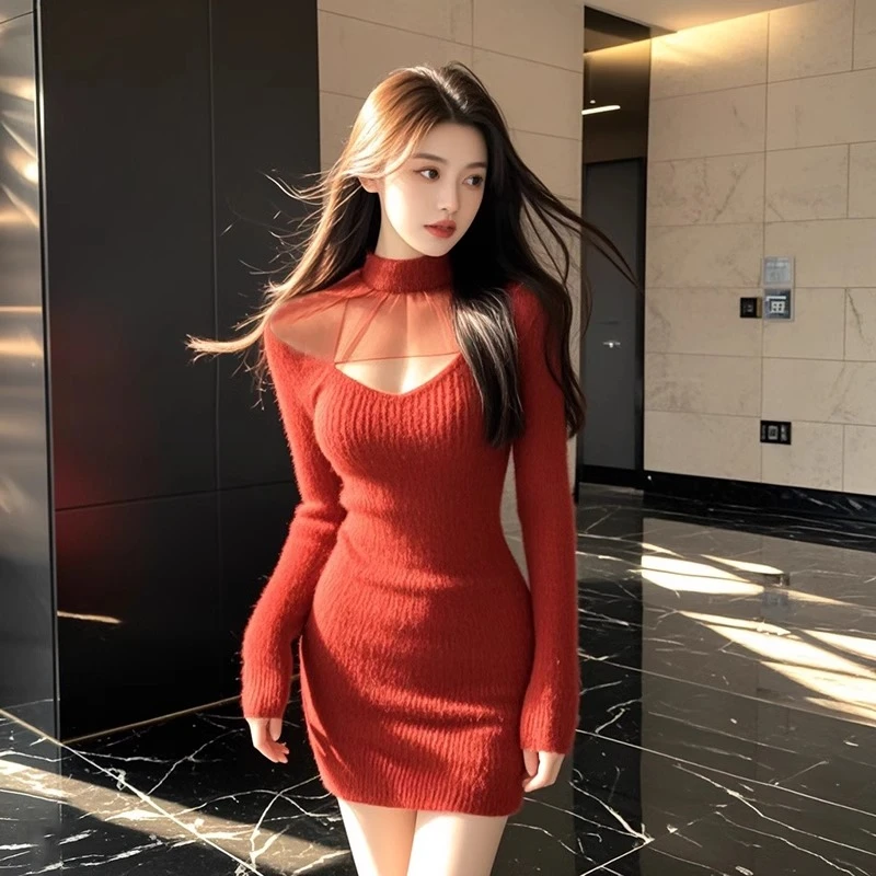 小众性感红色网纱针织连衣裙女过年新款撩欲姐姐收腰显瘦包臀短裙