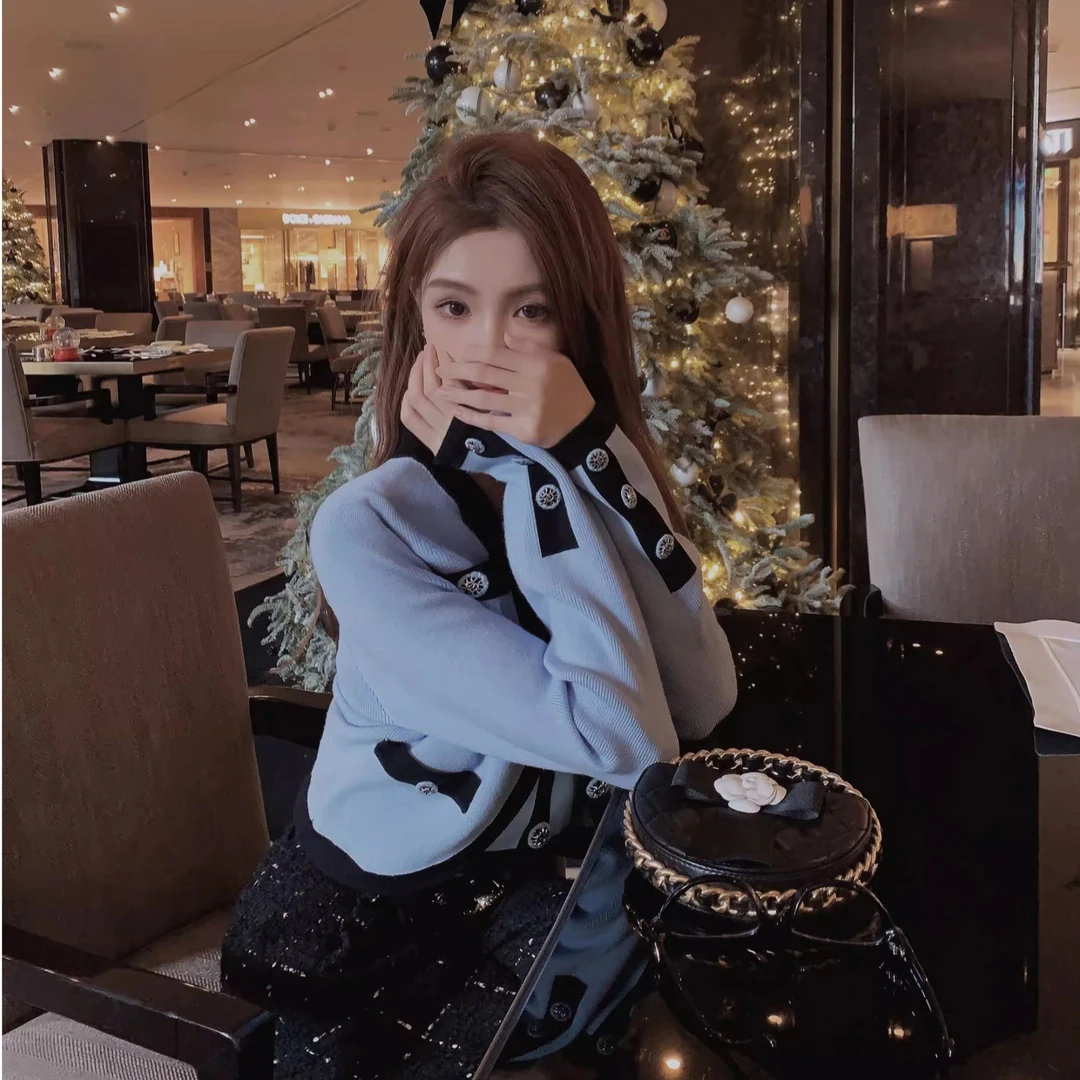 法式小香风撞色针织开衫套装女2024新款秋冬气质修身背心两件套