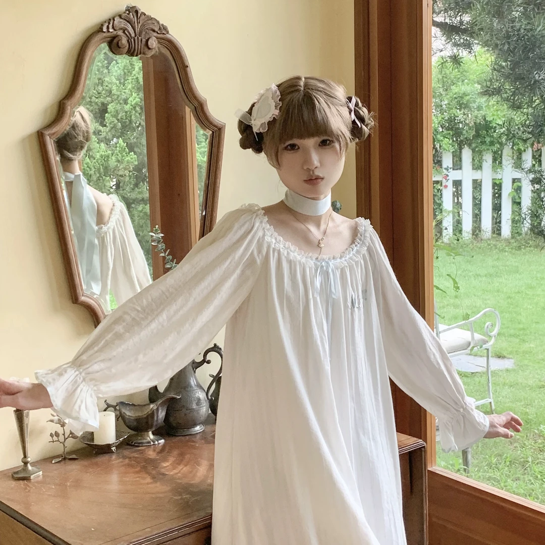二小姐高定/宽松春秋季法式刺绣甜美宫廷风长袖睡裙家居服连衣裙