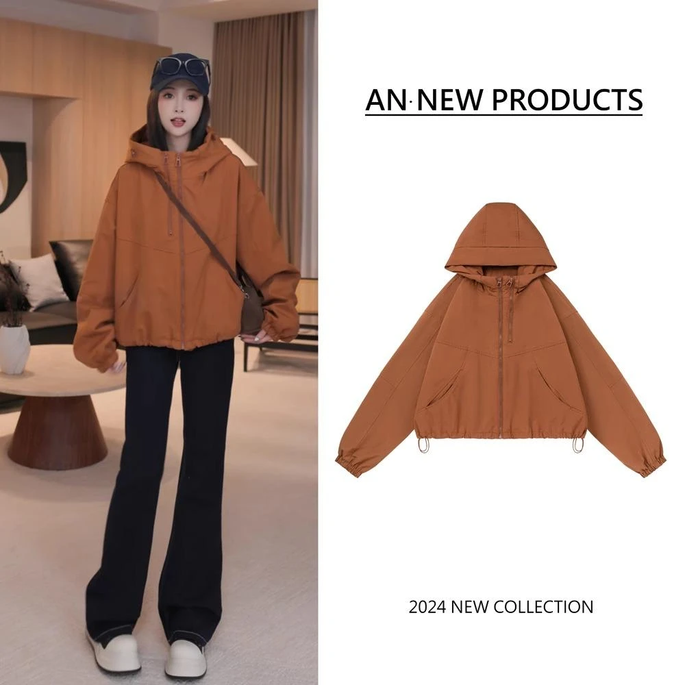 【哈娜的旅程】纯色双拉链连帽冲锋衣女2024秋冬季新款夹棉加厚外套