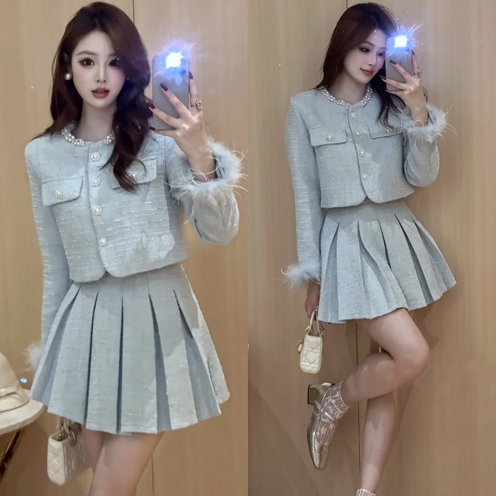 财阀千金重工小香风套装女2025秋季新款学院风外套百褶短裙两件套