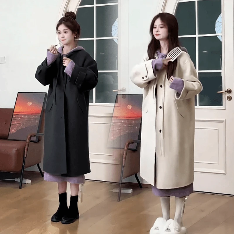 2024秋冬新款气质慵懒风连帽针织连衣裙中长款毛呢风衣时尚套装女