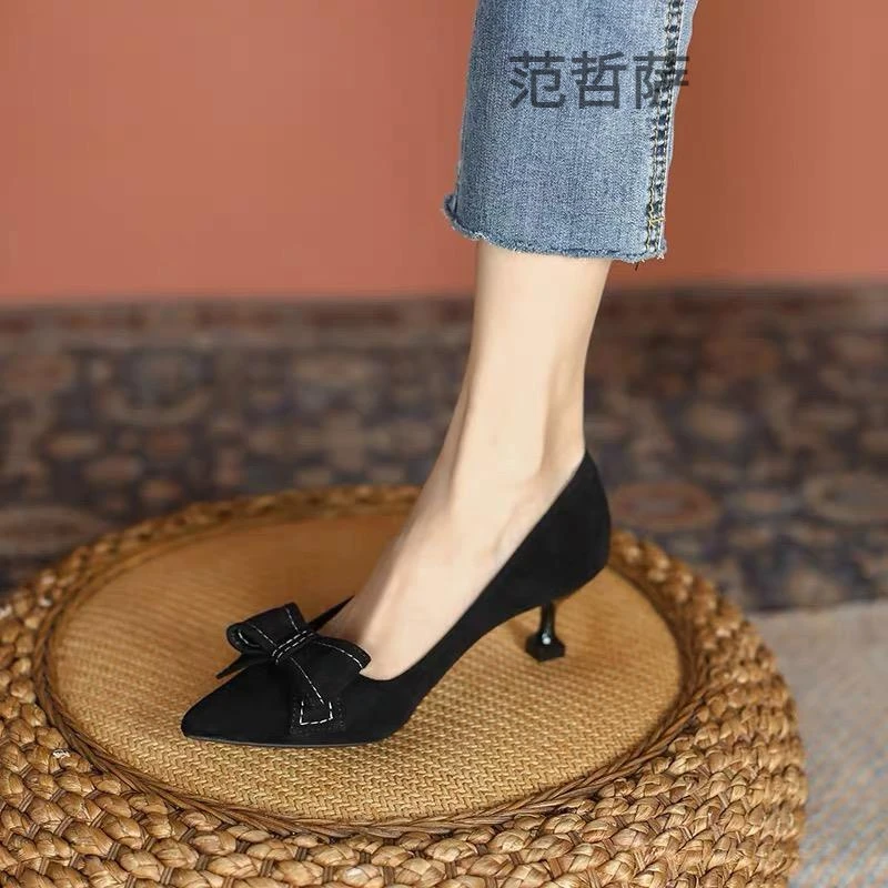 单鞋女3cm小跟气质伴娘5cm细跟蝴蝶结绒面低跟尖头黑色法式高跟鞋