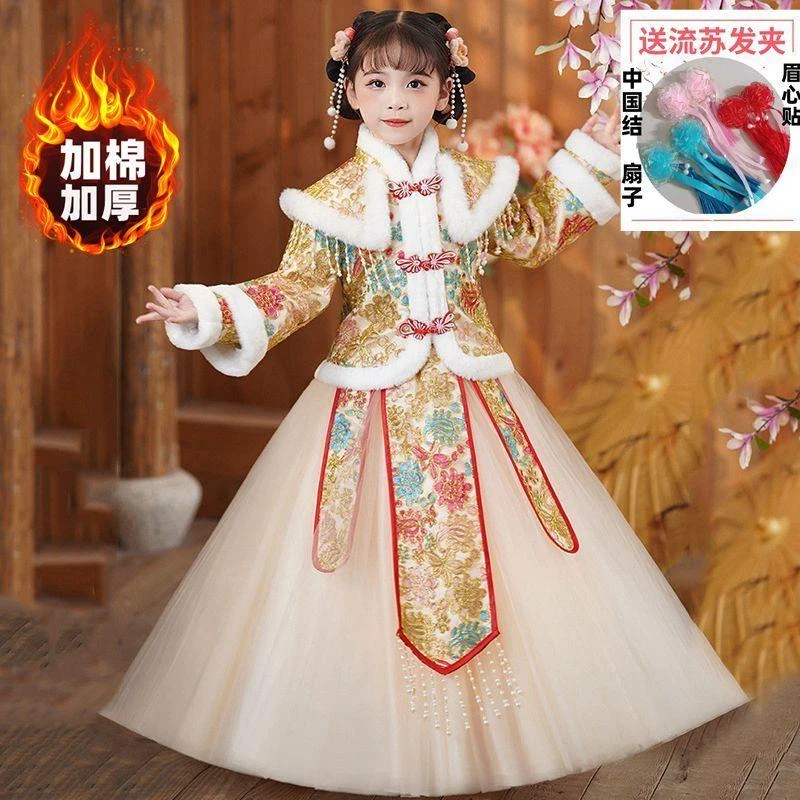 汉服女童冬季新年衣服连衣裙大童过年拜年服冬季加绒女童汉服拜年