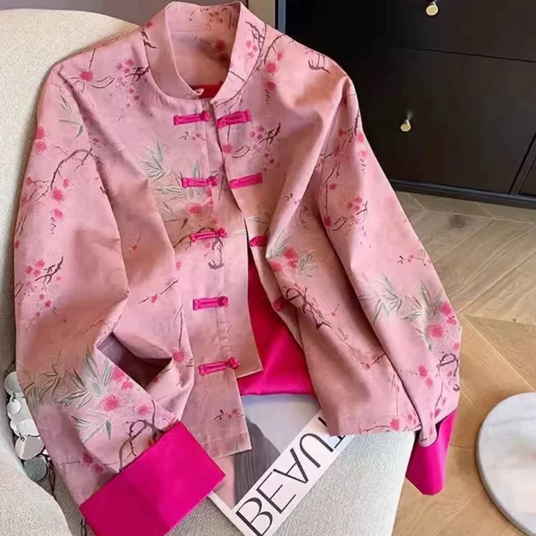 新中式轻国风外套女装2024秋季新款复古唐装气质印花立领盘扣上衣