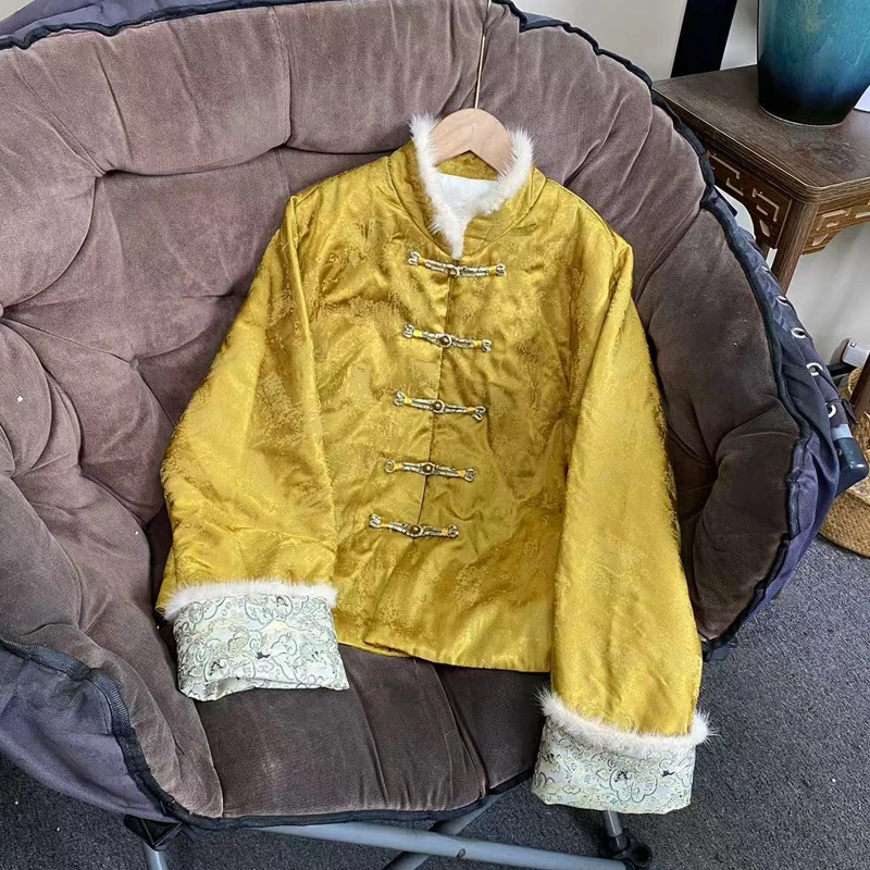 欧洲站冬装新款水貂毛袖口高级感重工提花圆领盘扣棉服外套女潮