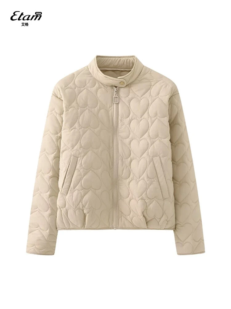 轻薄立领棉衣外套女2024秋冬新款小个子爱心时尚保暖休闲棉服拉链