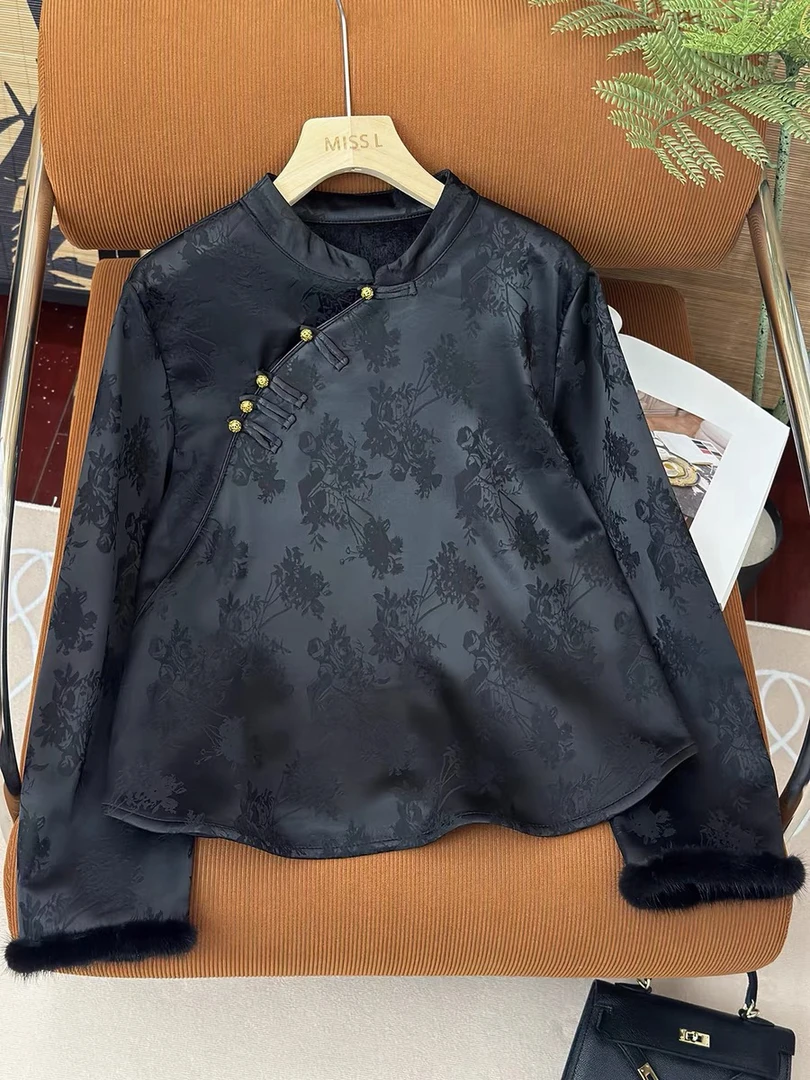 新中式国风秋冬款长袖提花黑色斜襟盘扣立领加绒衬衫显瘦百搭外套
