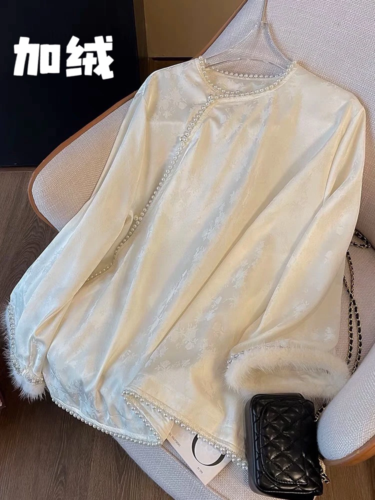 新中式国风袖口水貂毛大提花珍珠边时尚气质加绒小衫宽松百搭女