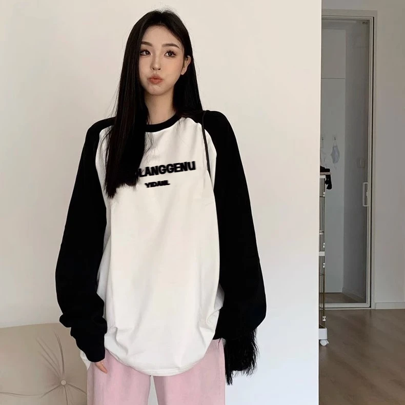 撞色插肩袖T恤男女秋冬款2025长袖上衣宽松简约风潮牌圆领打底衫