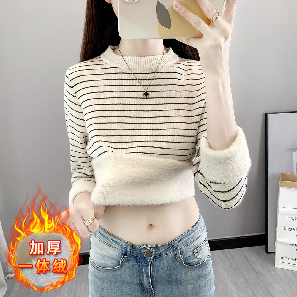半高领加绒打底衫女秋冬内搭长袖加厚针织上衣修身一体绒条纹毛衣