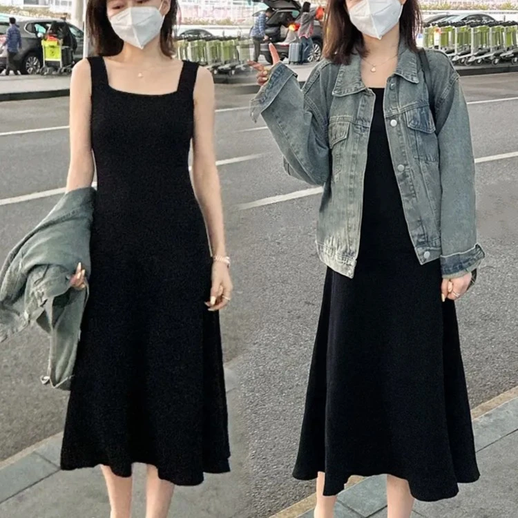 胖mm吊带连衣裙女春夏大码黑色针织打底裙中长款裙子收腰a字长裙