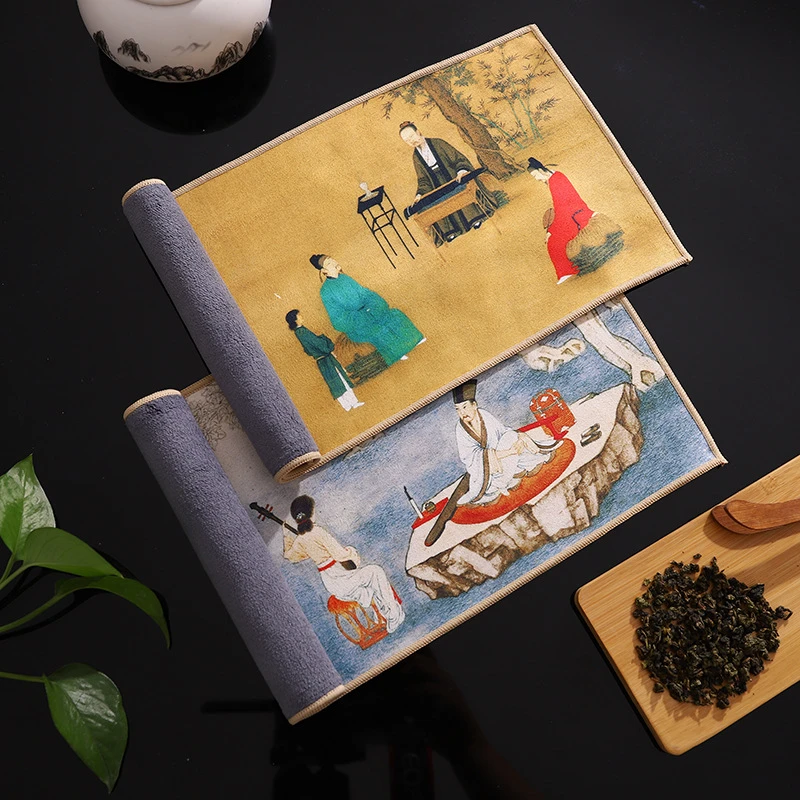 麂皮绒功夫茶巾国潮古风加厚吸水多功能高档彩绘茶布茶巾