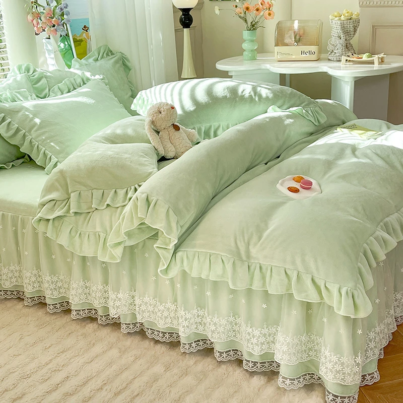 加厚床裙款牛奶绒四件套韩版蕾丝双面绒公主风被套冬季保暖防滑