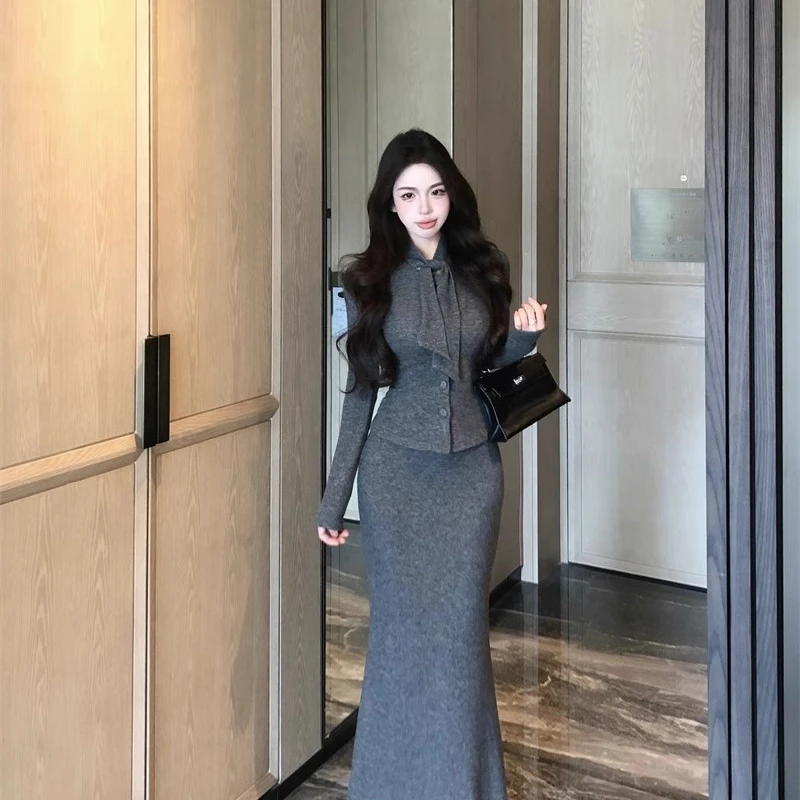 小香风套装灰色飘带短款上衣女秋冬包臀鱼尾裙长裙盐系轻熟两件套