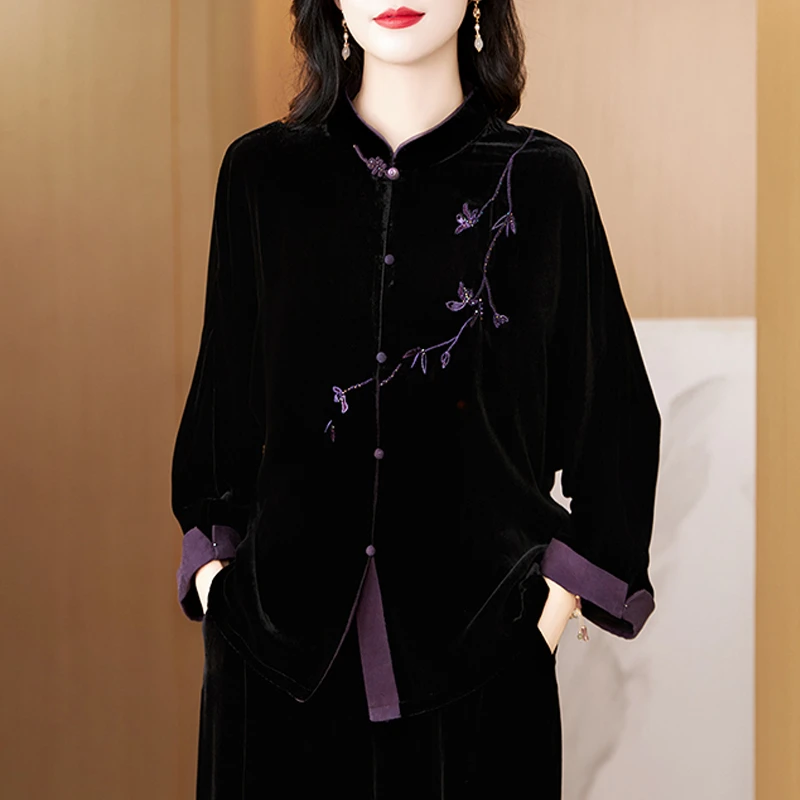 丝绒新中式国风外套黑色刺绣妈妈大码开衫唐装盘扣财阀千金女春秋