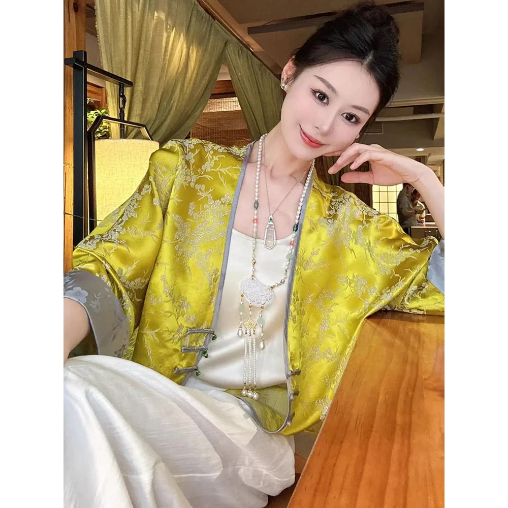 新中式高级感提花时尚国风上衣七分袖v领盘扣开衫衬衫外套女春夏