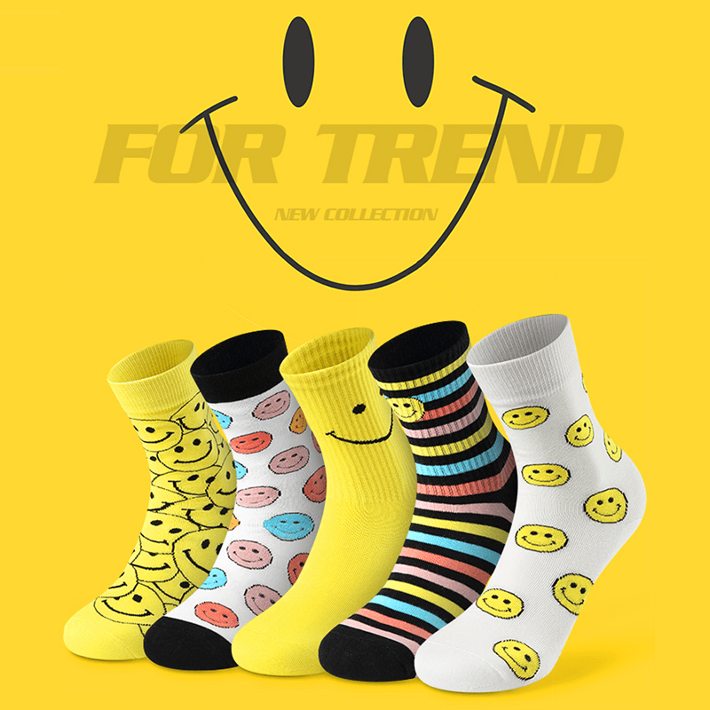 KNSG笑脸袜纯棉透气学生中筒筒袜男士毛巾底加厚篮球袜潮袜男袜子