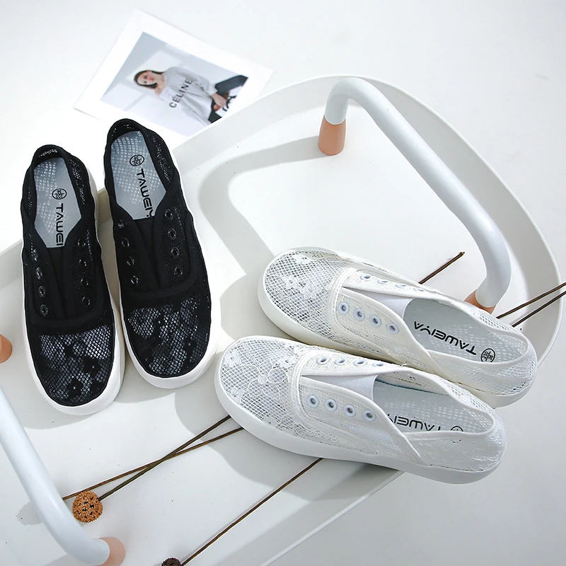 厚底蕾丝一脚蹬两穿小白鞋可踩夏季薄款透气网面潮鞋1020