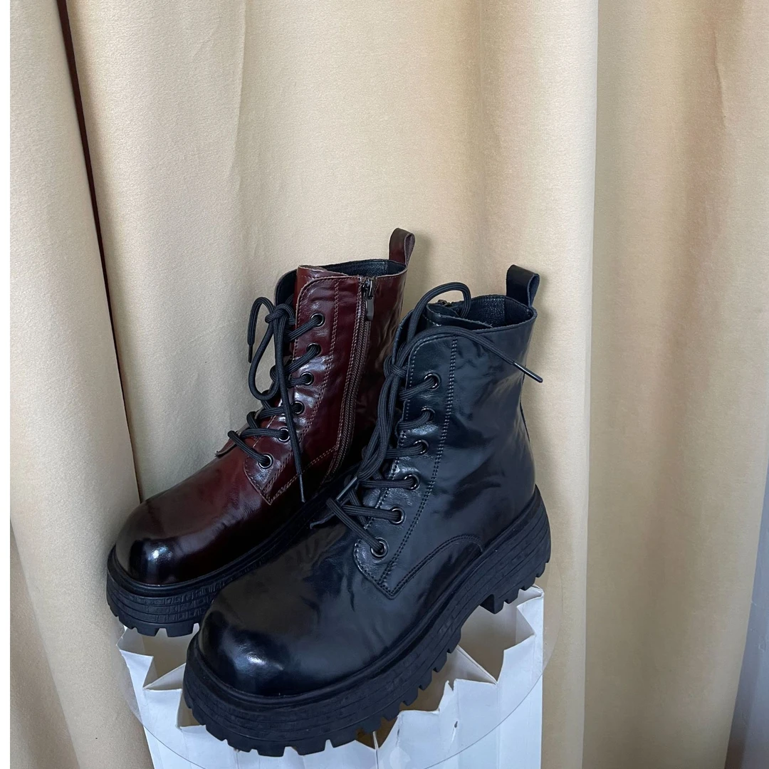 6225-6新款网红版时尚马丁靴休闲女士黑色厚底圆头系带秋冬加绒