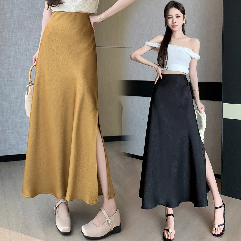 气质金色醋酸缎面显瘦半身裙女包臀鱼尾裙夏季时尚百搭开叉长裙
