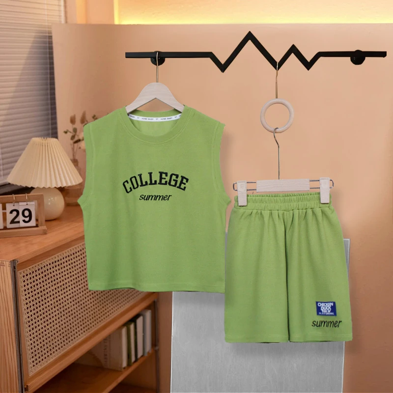 【贝贝专属】夏季新款儿童刺绣洋气休闲无袖背心短裤中大童运动套装