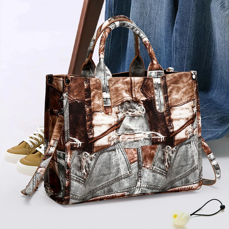 时尚复古撞色手提包大容量托特包包百搭休闲单肩个性小众包包