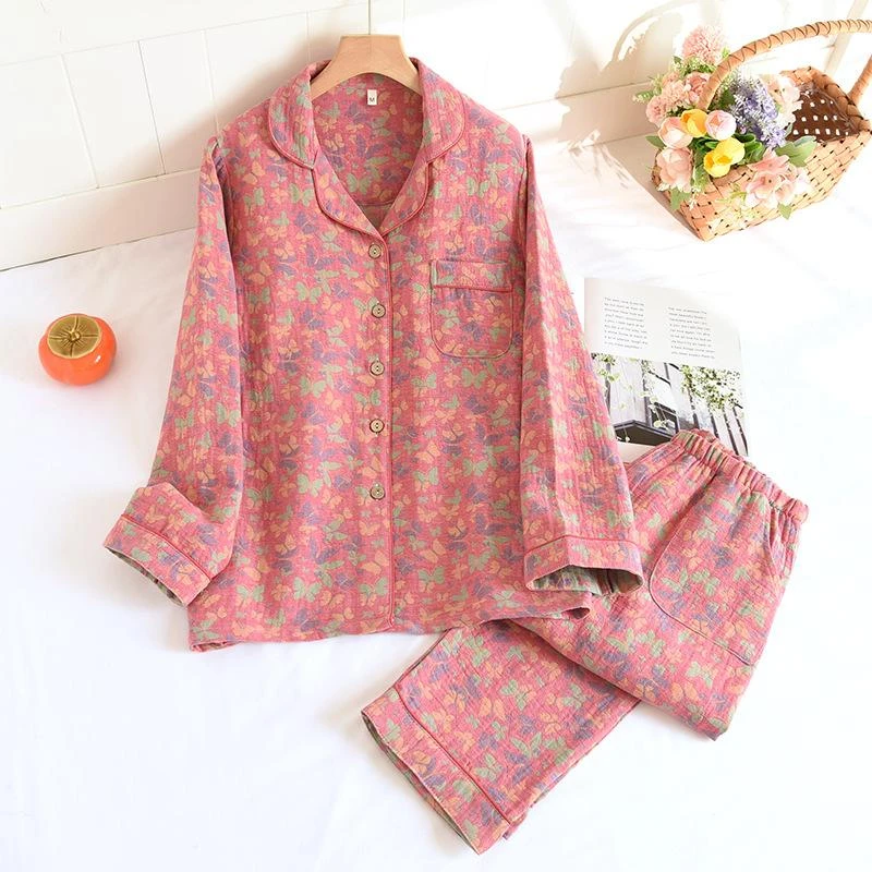 新款蝴蝶色织提花双层纱纯棉色织提花睡衣女套装长袖四季可外穿