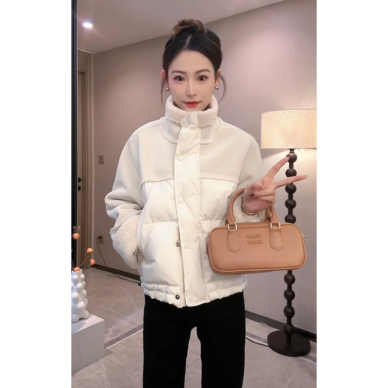 【运补8-10元】9430短款棉服外套女冬拼接皮毛一体立领小个子上衣