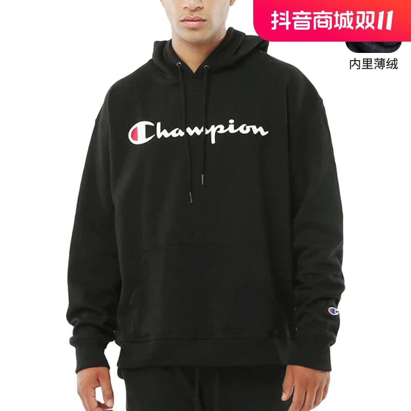 Champion字母印花男女同款加绒连帽卫衣时尚简约运动舒适上衣全新