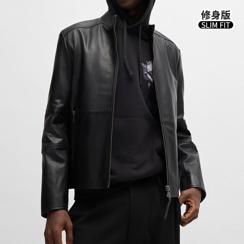 HugoBoss/雨果博斯男春秋新款立领修身皮衣经典拉链休闲外套全新